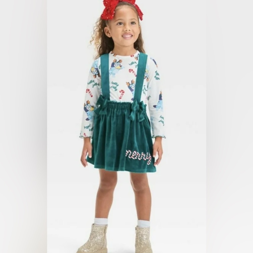NWT Bluey Infant Christmas Shirt & Overall Skirt Outfit Size 12 Months